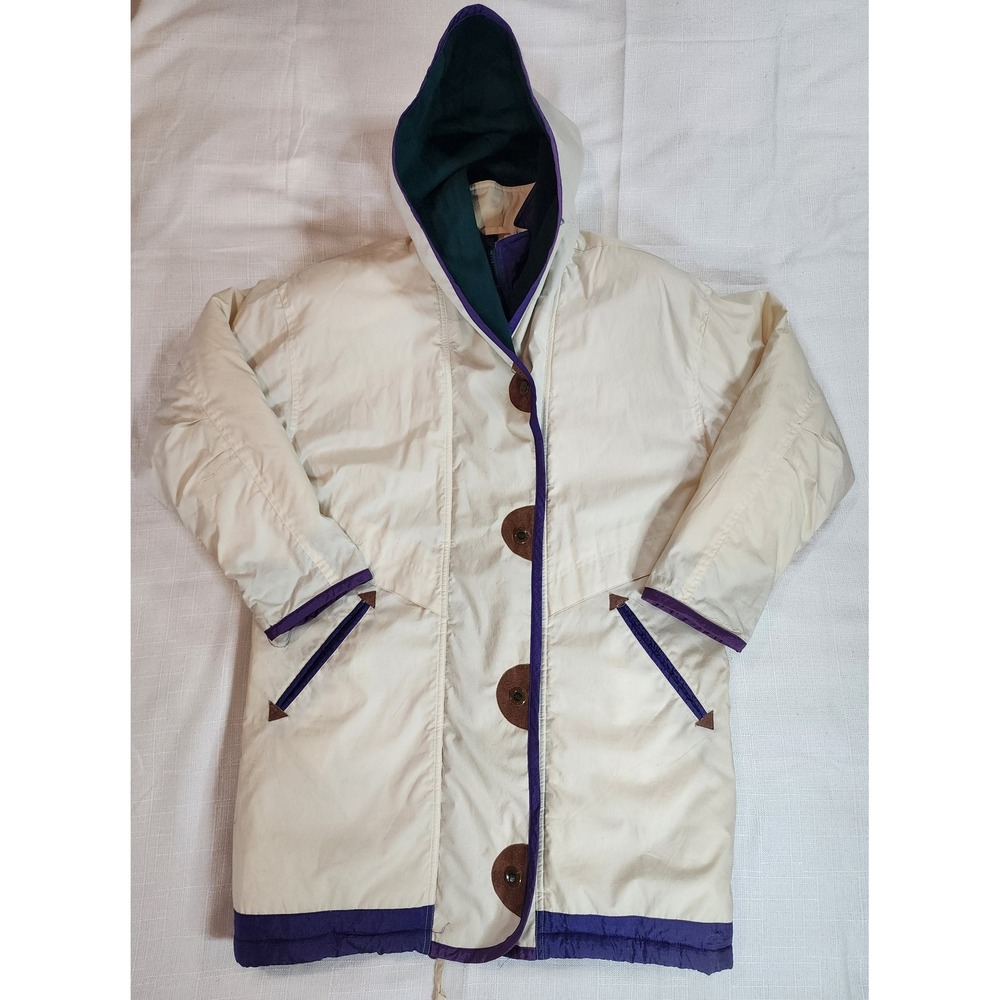 Vintage Hunters Run Colorblock Toggle Ski Coat Parka Quilted Hooded Jacket Cream